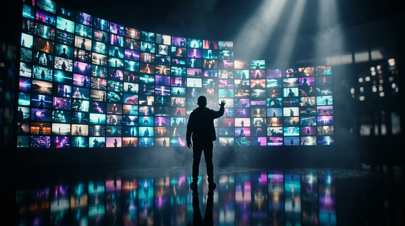 Creator before a wall of generated frames