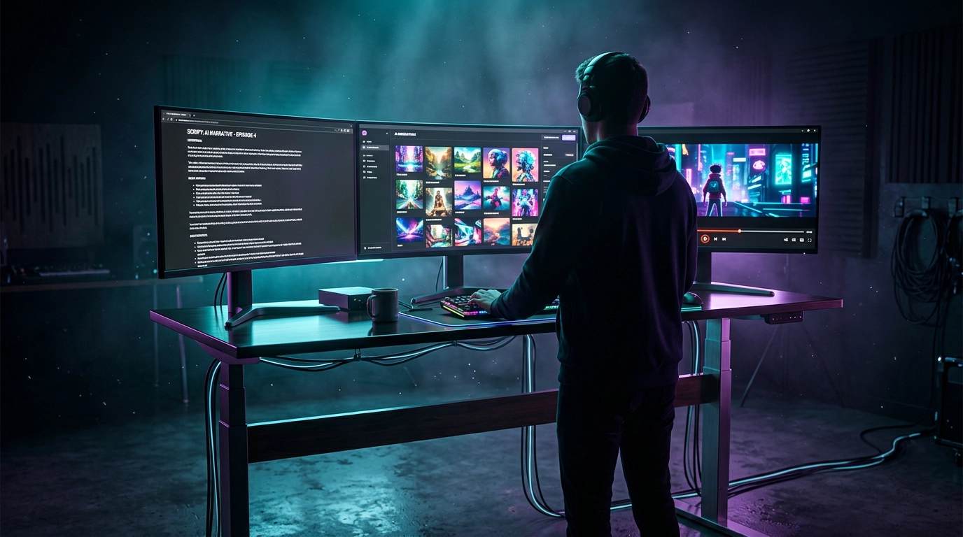 Faceless creator at a multi-monitor workstation